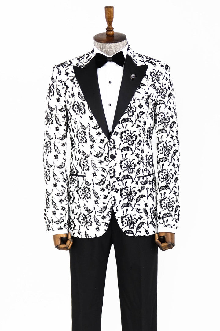 WSS Floral Patterned Peak Lapel White Men Prom Blazer  - Singen