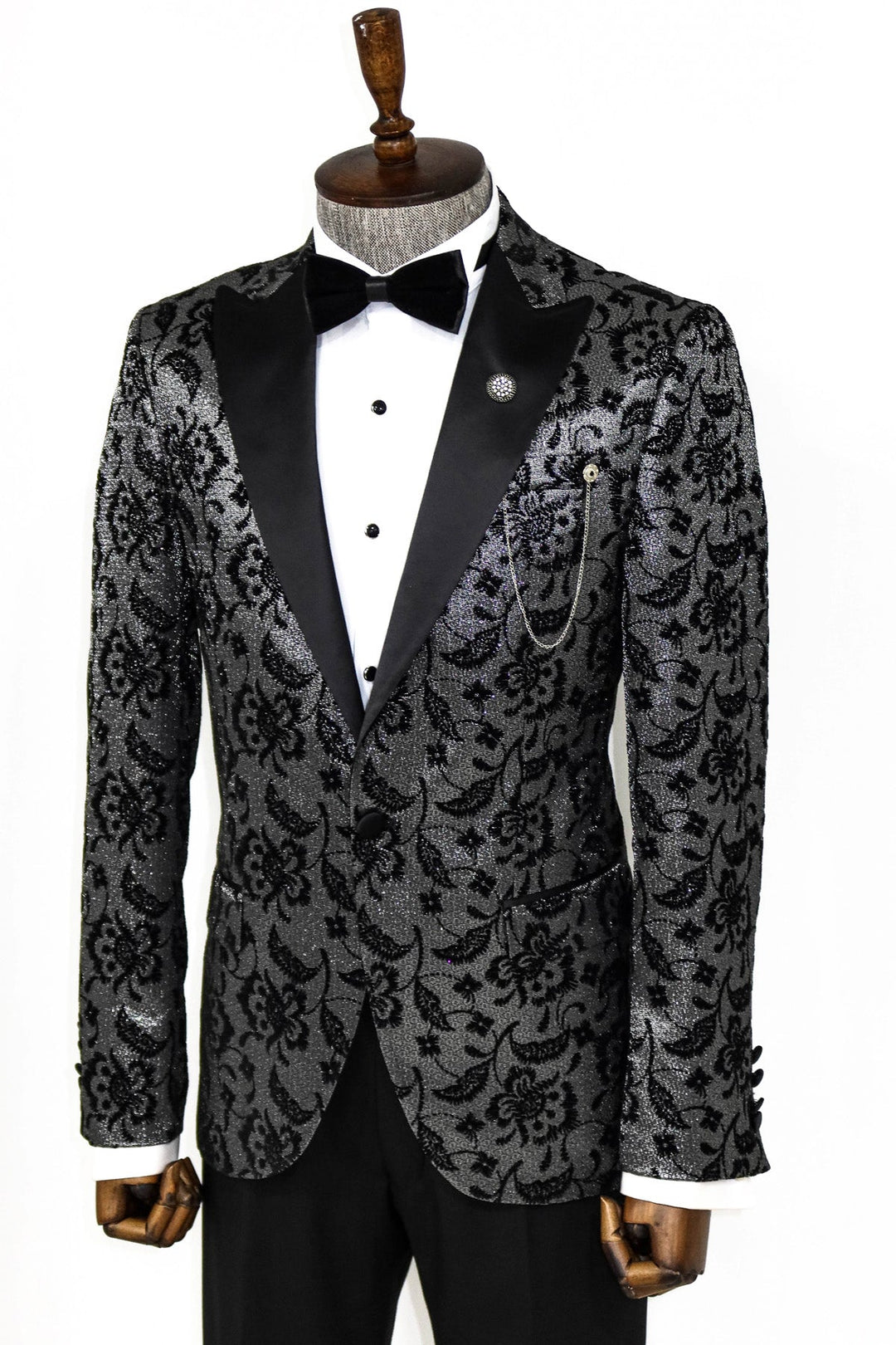 WSS Floral Patterned Peak Lapel Smoked Men Prom Blazer  - Singen