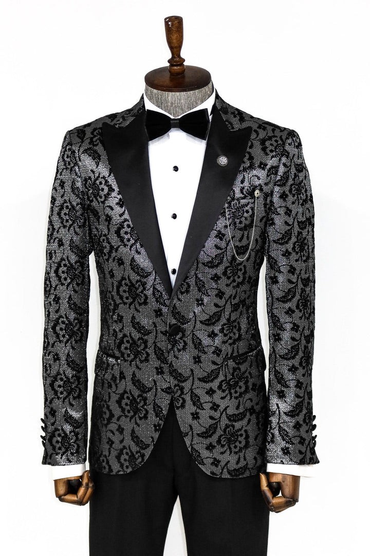 WSS Floral Patterned Peak Lapel Smoked Men Prom Blazer  - Singen