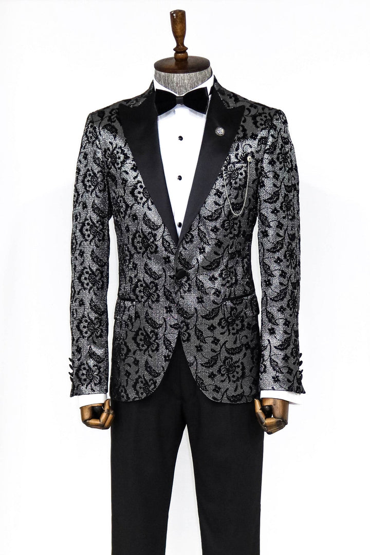 WSS Floral Patterned Peak Lapel Smoked Men Prom Blazer  - Singen