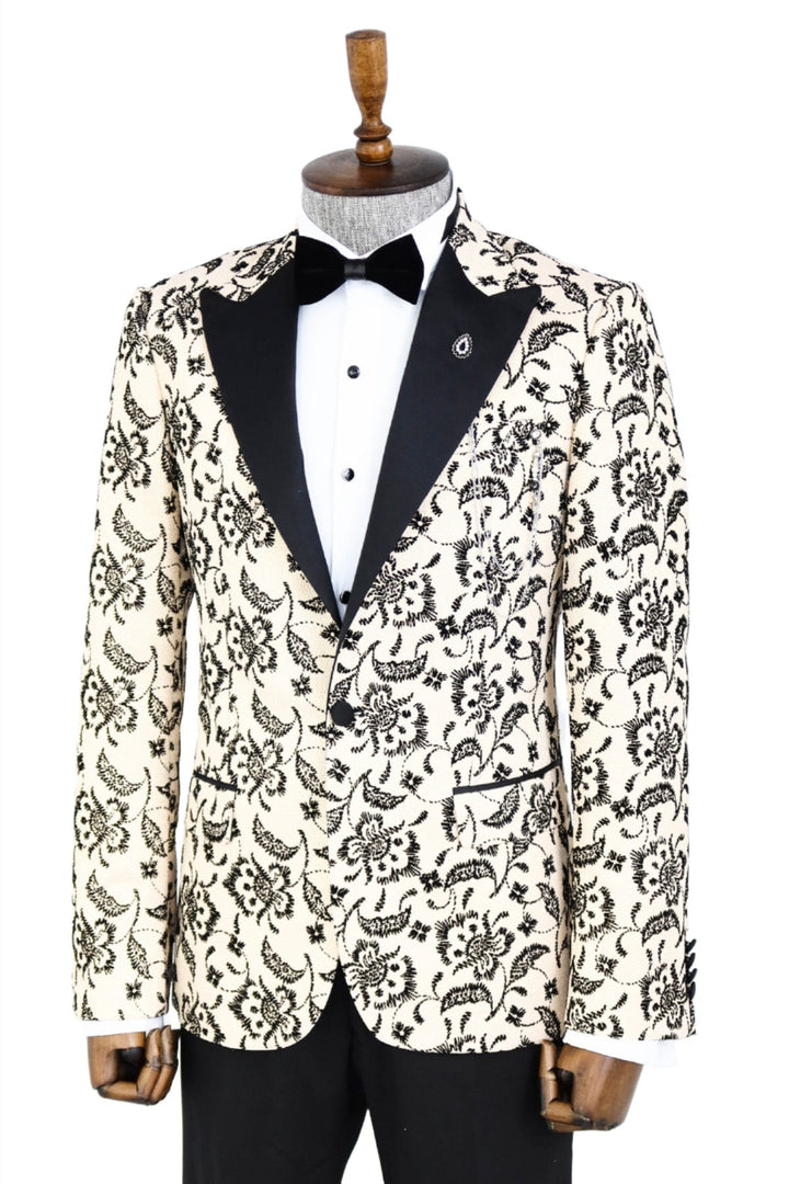 WSS Floral Patterned Peak Lapel Cream Men Prom Blazer  - Singen