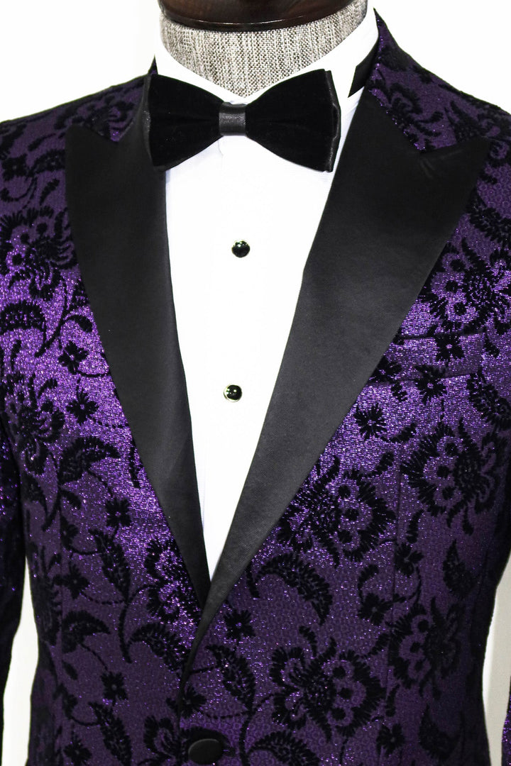 WSS Floral Patterned Peak Lapel Purple Men Prom Blazer  - Singen