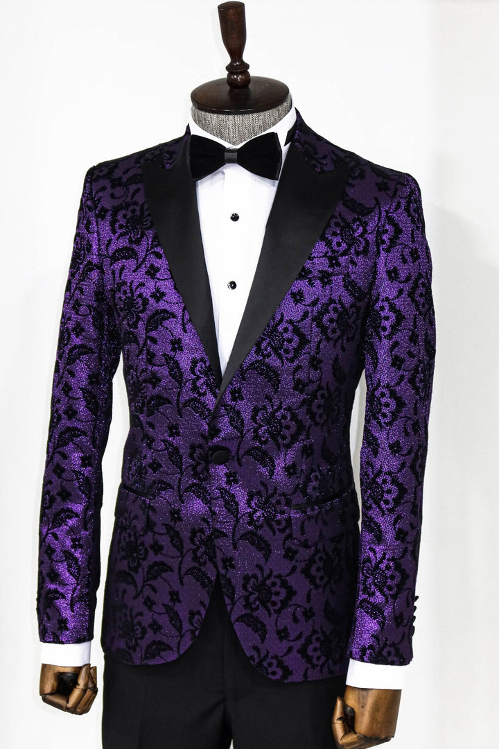 WSS Floral Patterned Peak Lapel Purple Men Prom Blazer  - Singen