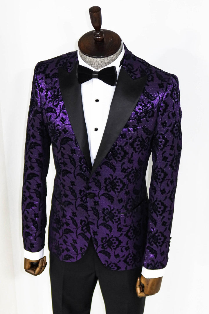 WSS Floral Patterned Peak Lapel Purple Men Prom Blazer  - Singen