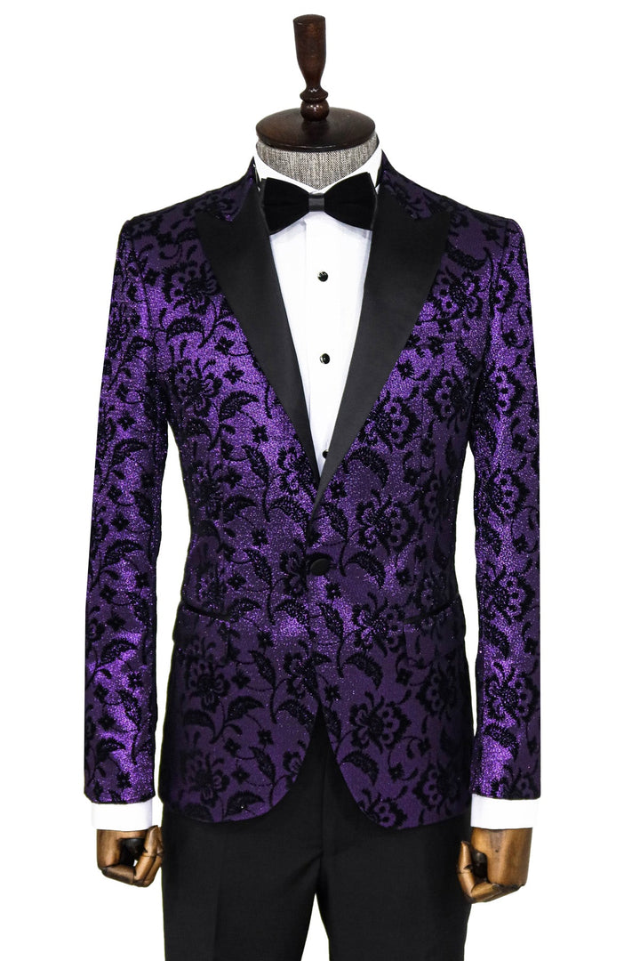 WSS Floral Patterned Peak Lapel Purple Men Prom Blazer  - Singen