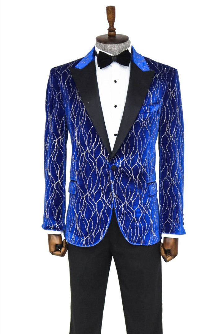 WSS Silver Patterned Blue Men Prom Blazer  - Singen