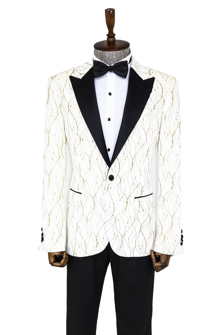 WSS Silver Patterned White Men Prom Blazer  - Singen