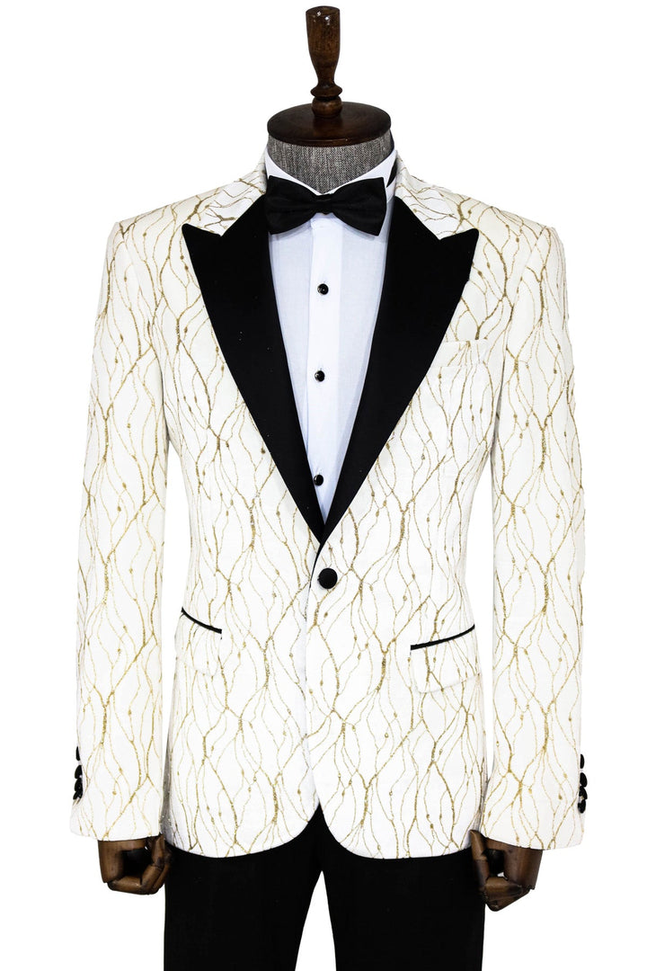 WSS Silver Patterned White Men Prom Blazer  - Singen