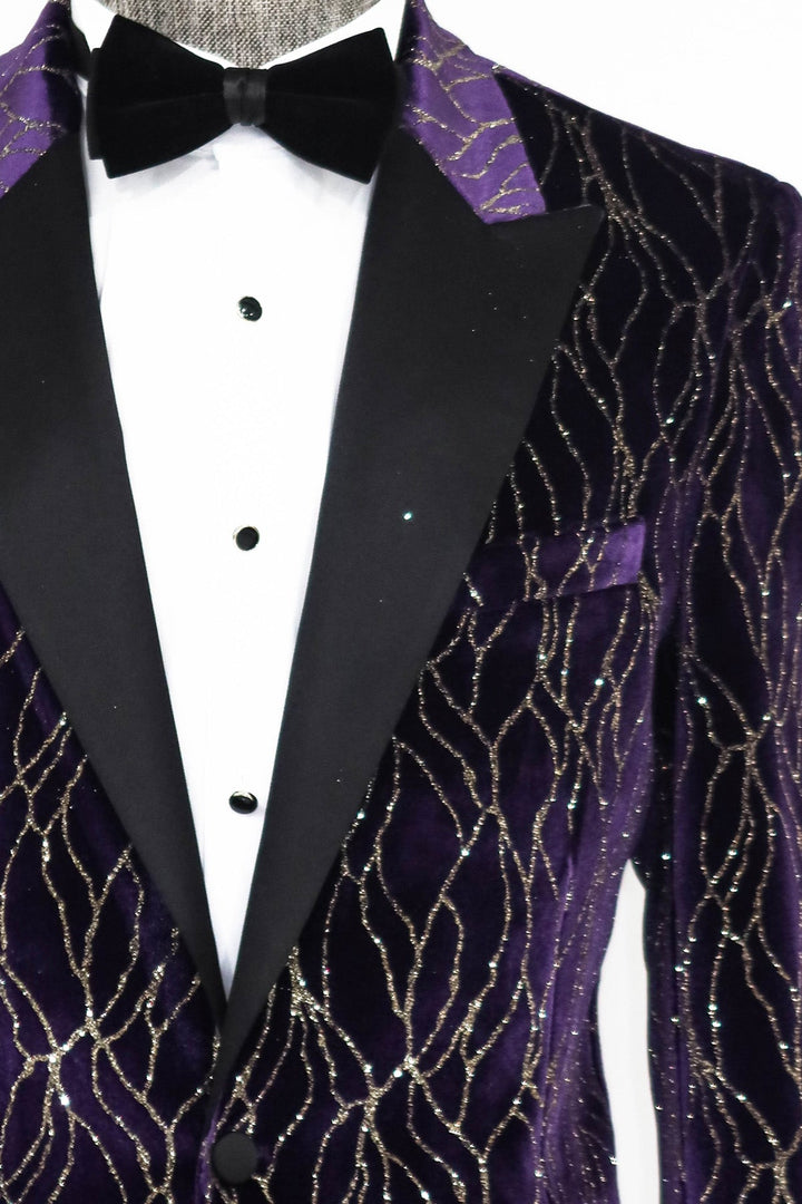 WSS Gold Patterned Purple Men Prom Blazer  - Singen