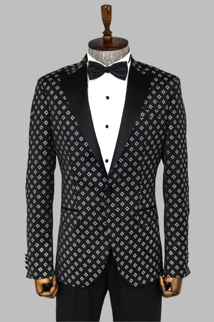 WSS Silver Diamond Pattern Over Black Men Prom Blazer  - Singen