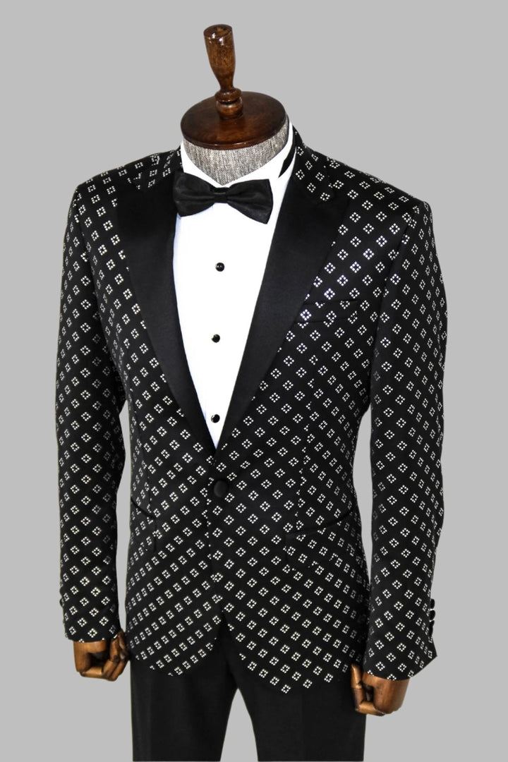 WSS Silver Diamond Pattern Over Black Men Prom Blazer  - Singen