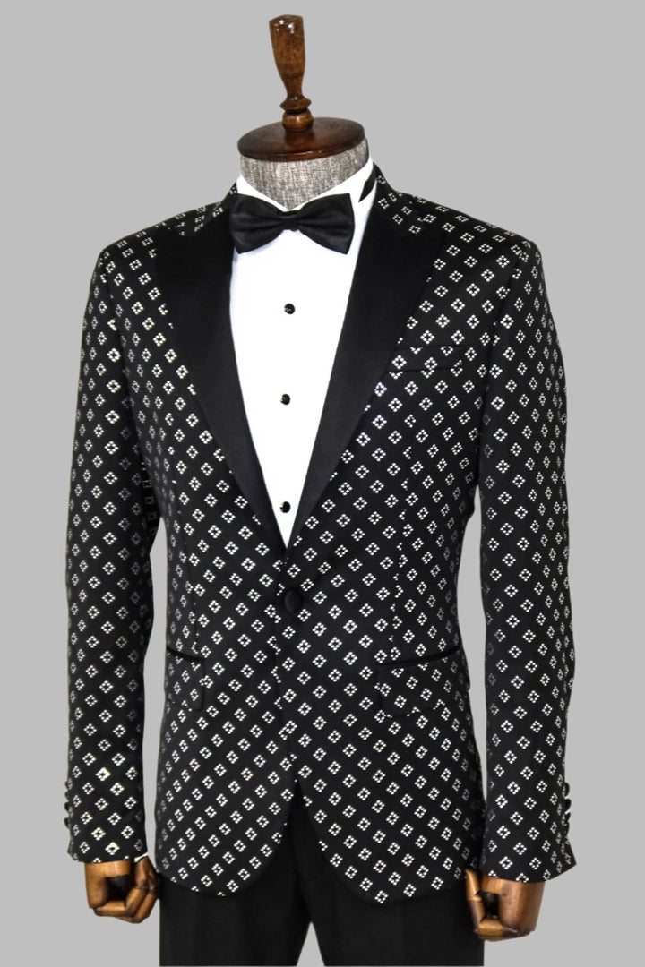 WSS Silver Diamond Pattern Over Black Men Prom Blazer  - Singen