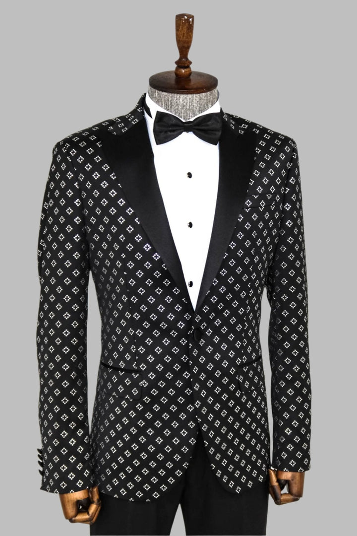 WSS Silver Diamond Pattern Over Black Men Prom Blazer  - Singen