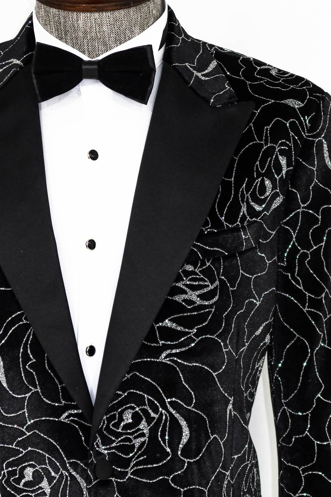 WSS Silver Rose Patterned Over Black Men Prom Blazer  - Singen