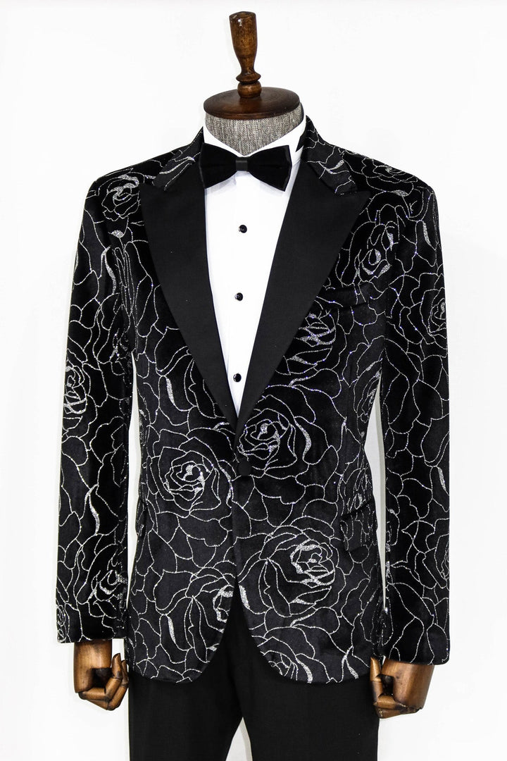 WSS Silver Rose Patterned Over Black Men Prom Blazer  - Singen