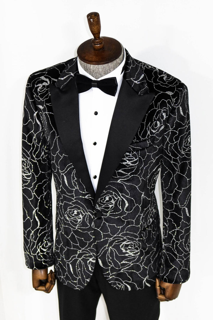 WSS Silver Rose Patterned Over Black Men Prom Blazer  - Singen