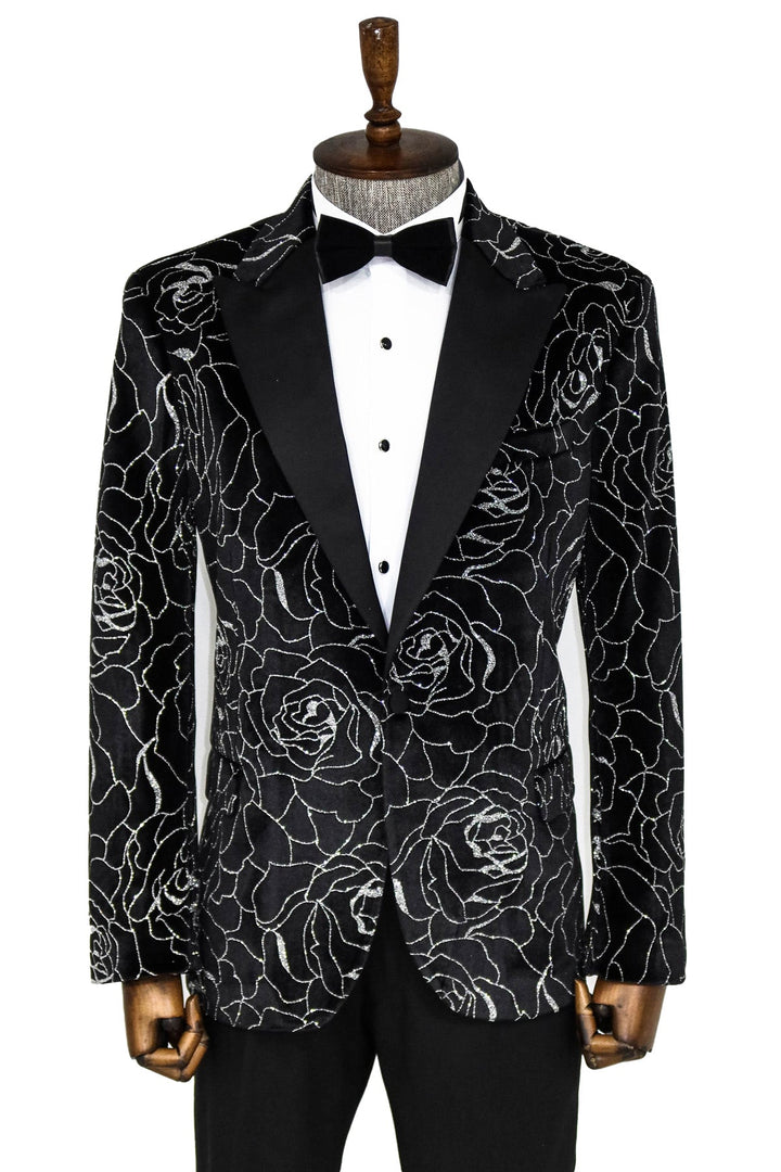 WSS Silver Rose Patterned Over Black Men Prom Blazer  - Singen