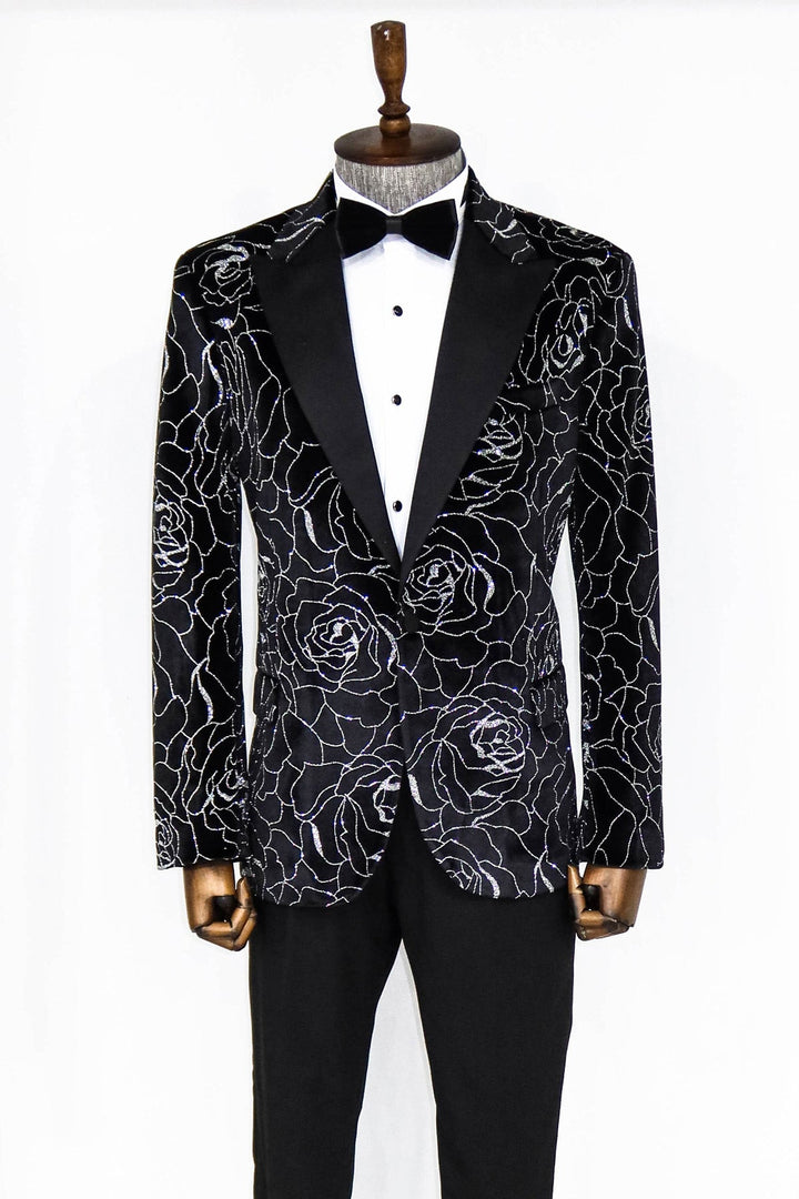 WSS Silver Rose Patterned Over Black Men Prom Blazer  - Singen