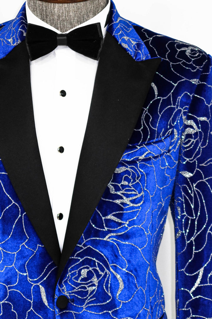 WSS Silver Rose Patterned Over Blue Men Prom Blazer  - Singen