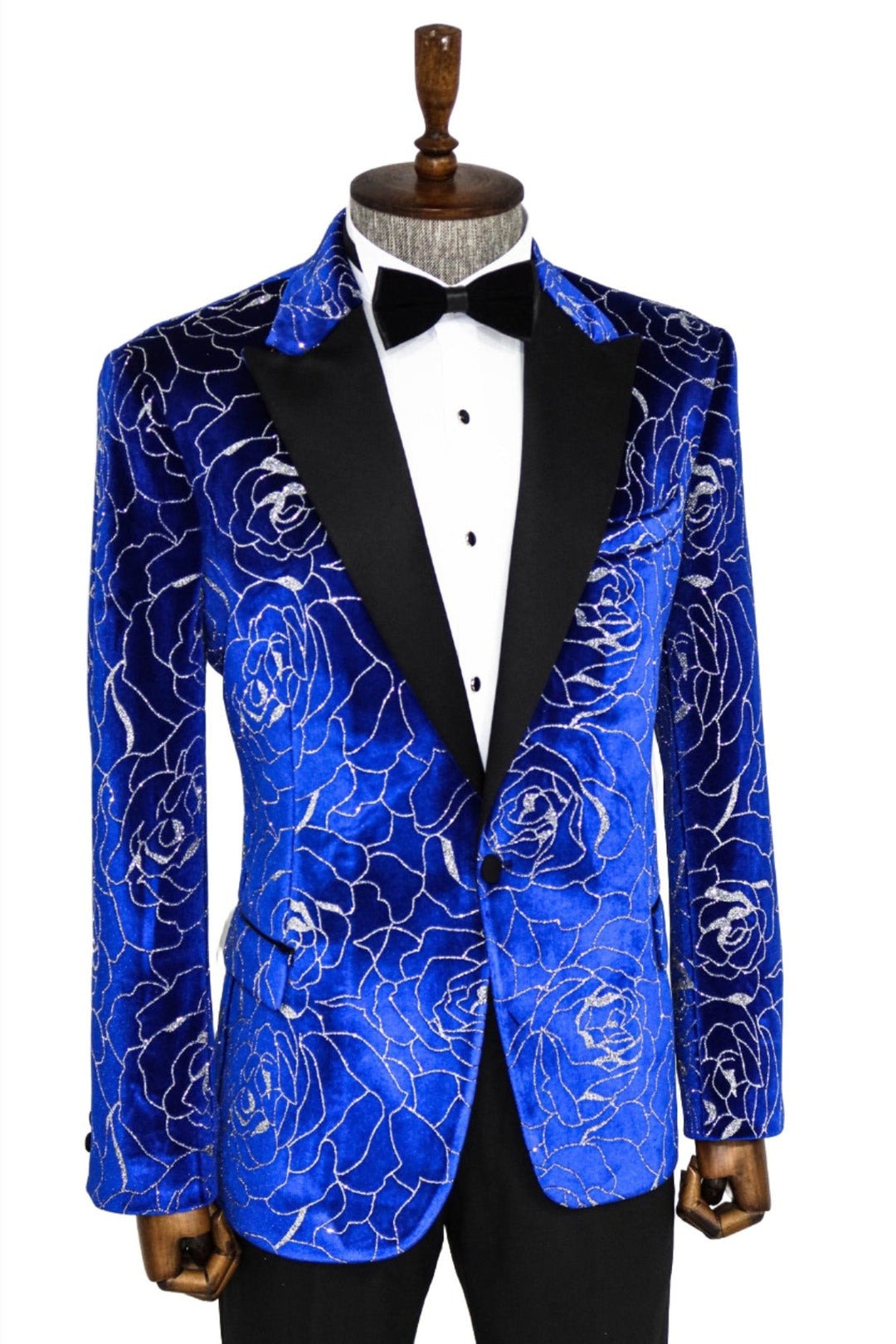 WSS Silver Rose Patterned Over Blue Men Prom Blazer  - Singen