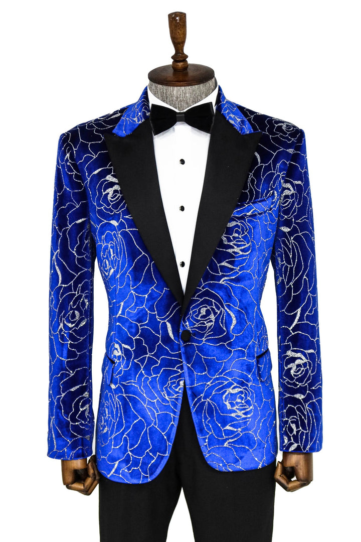 WSS Silver Rose Patterned Over Blue Men Prom Blazer  - Singen