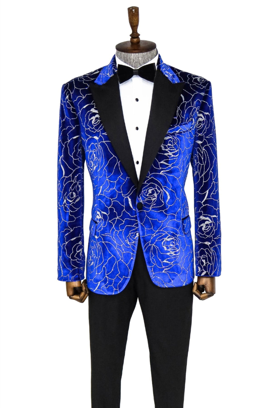 WSS Silver Rose Patterned Over Blue Men Prom Blazer  - Singen