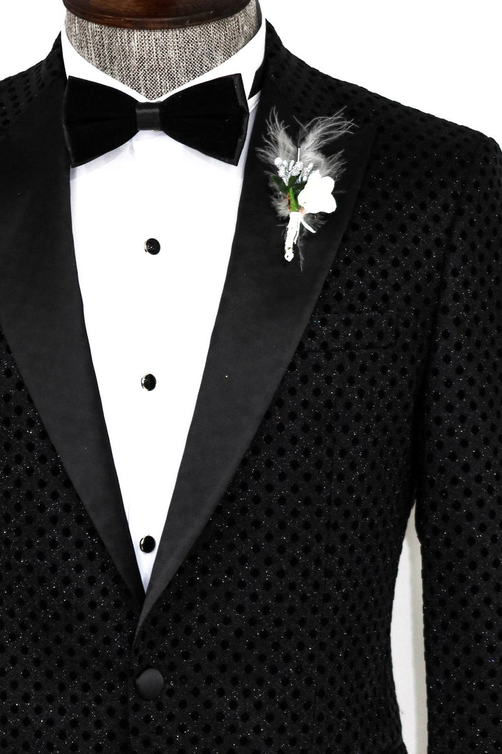 WSS Sequin Dot Patterned Black Men Prom Blazer  - Singen