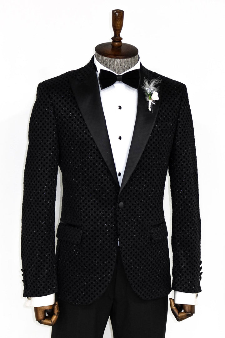 WSS Sequin Dot Patterned Black Men Prom Blazer  - Singen