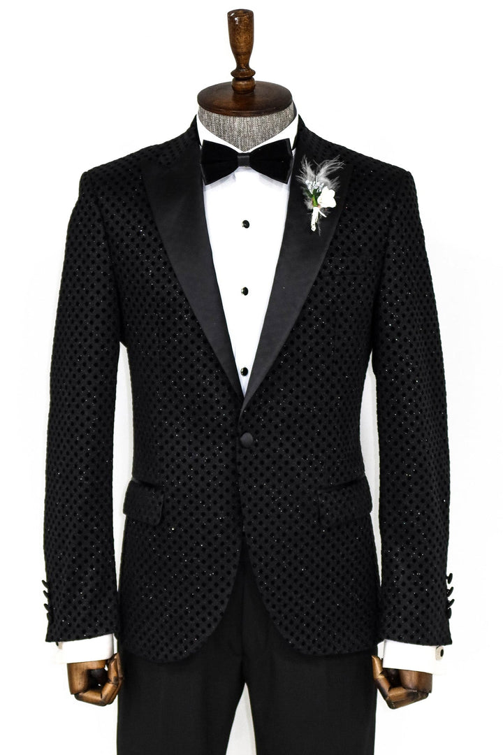 WSS Sequin Dot Patterned Black Men Prom Blazer  - Singen