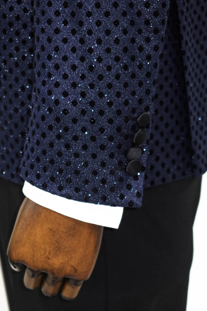 WSS Sequin Dot Patterned Navy Blue Men Prom Blazer  - Singen