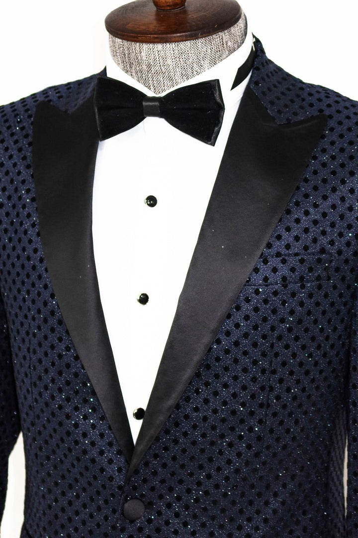 WSS Sequin Dot Patterned Navy Blue Men Prom Blazer  - Singen