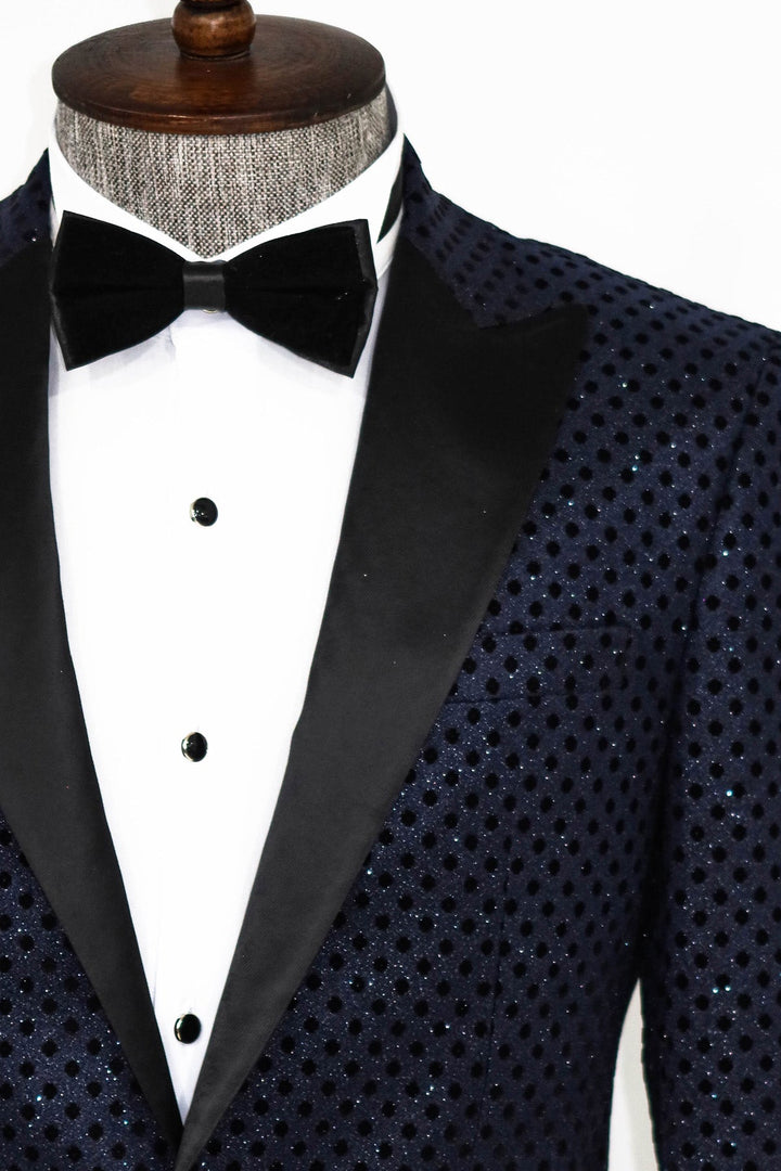 WSS Sequin Dot Patterned Navy Blue Men Prom Blazer  - Singen