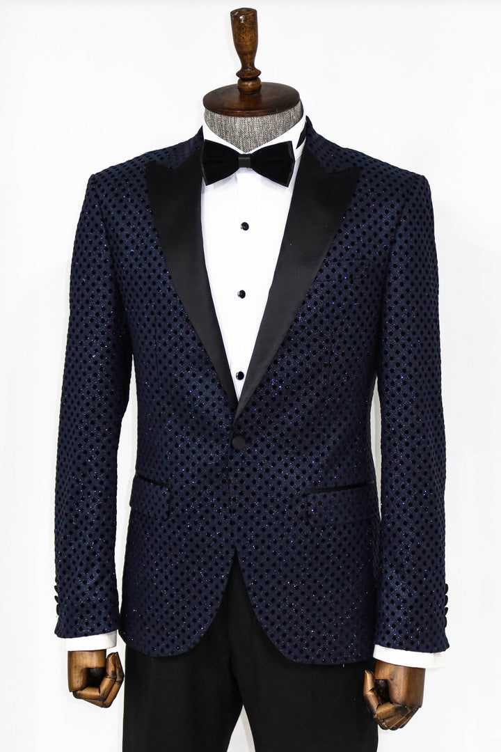 WSS Sequin Dot Patterned Navy Blue Men Prom Blazer  - Singen