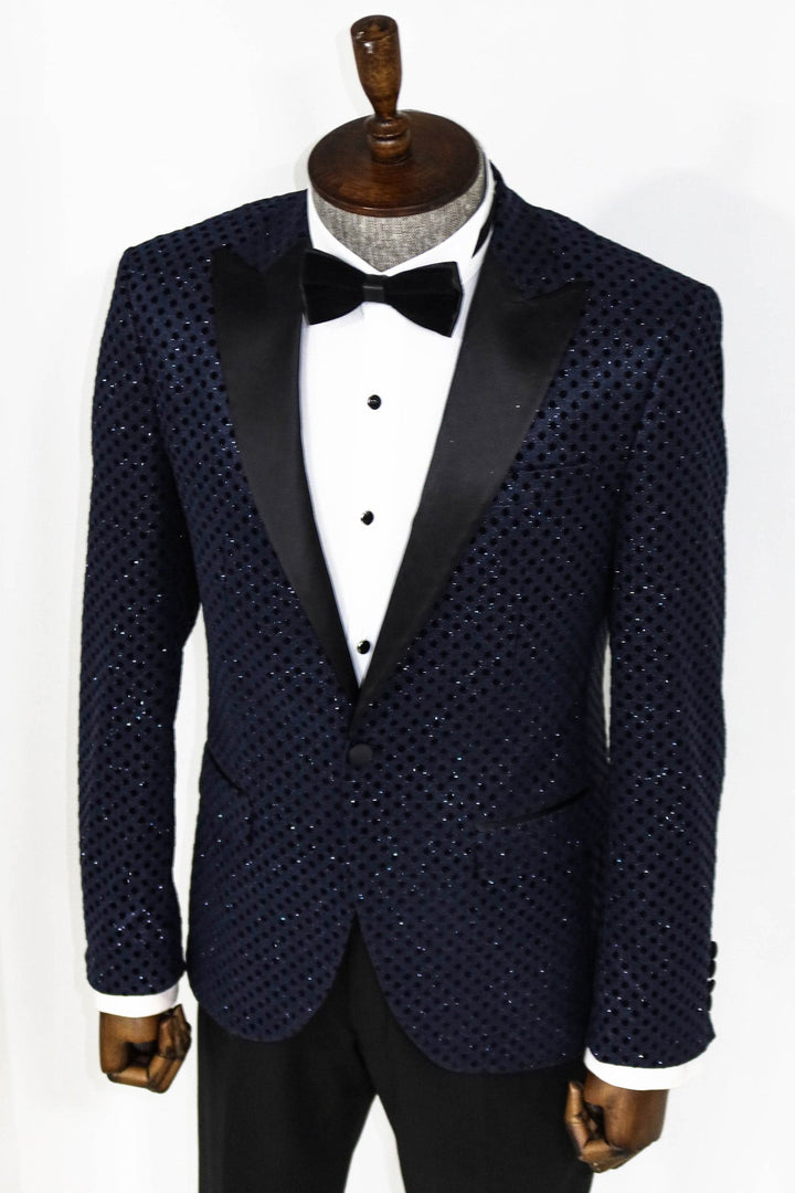 WSS Sequin Dot Patterned Navy Blue Men Prom Blazer  - Singen