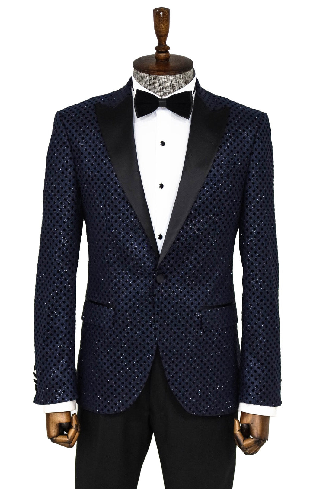 WSS Sequin Dot Patterned Navy Blue Men Prom Blazer  - Singen