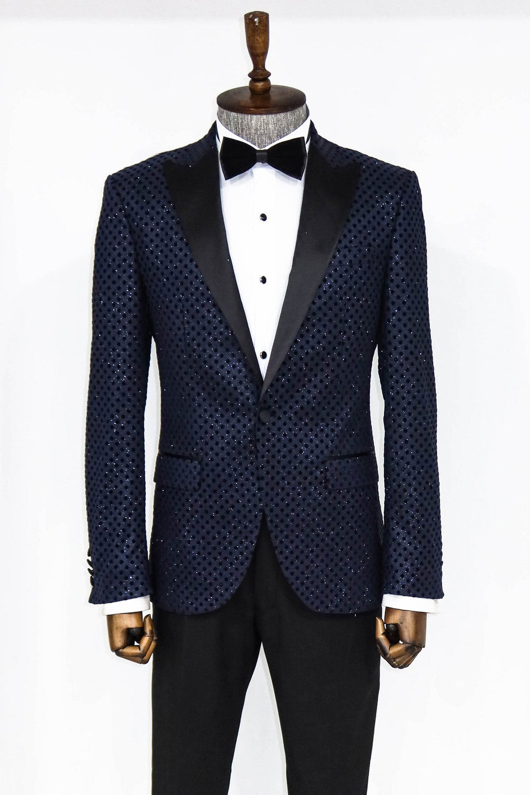 WSS Sequin Dot Patterned Navy Blue Men Prom Blazer  - Singen