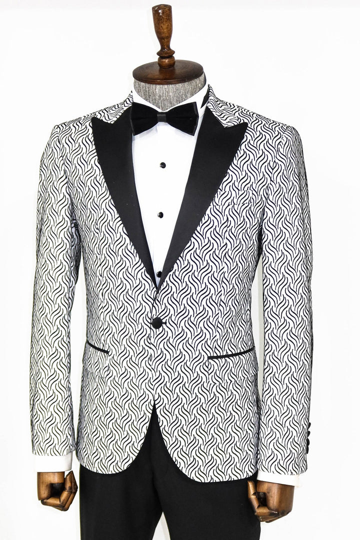 WSS Shiny Patterned White Men Prom Blazer  - Singen