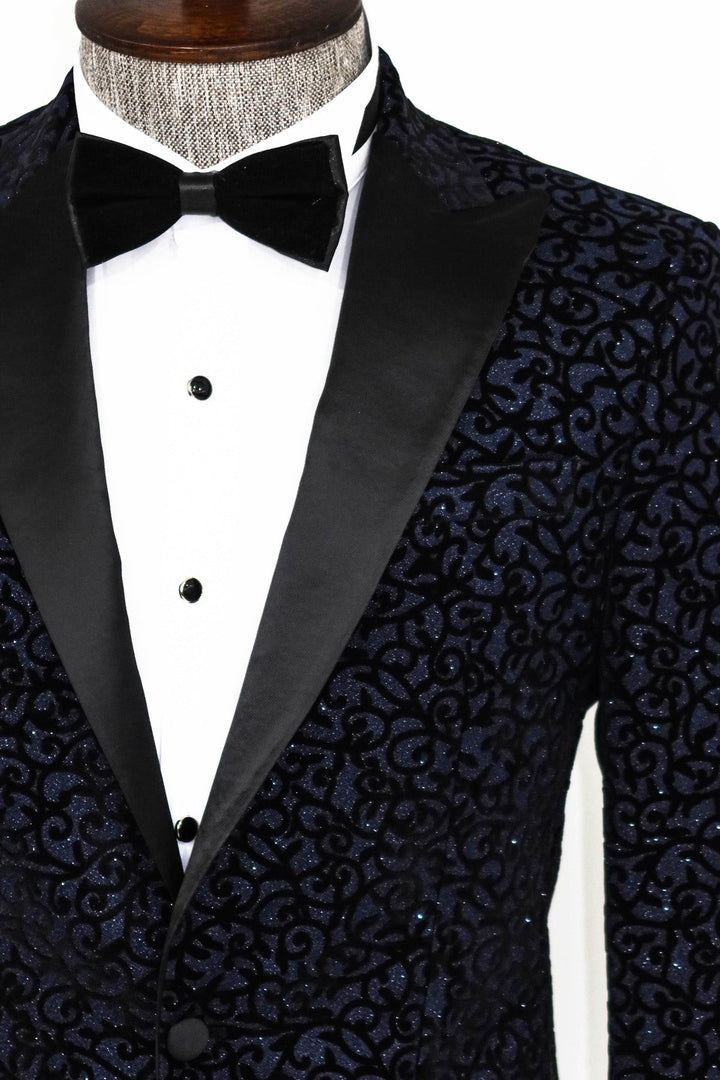 WSS Scroll Patterned Navy Blue Men Prom Blazer  - Singen