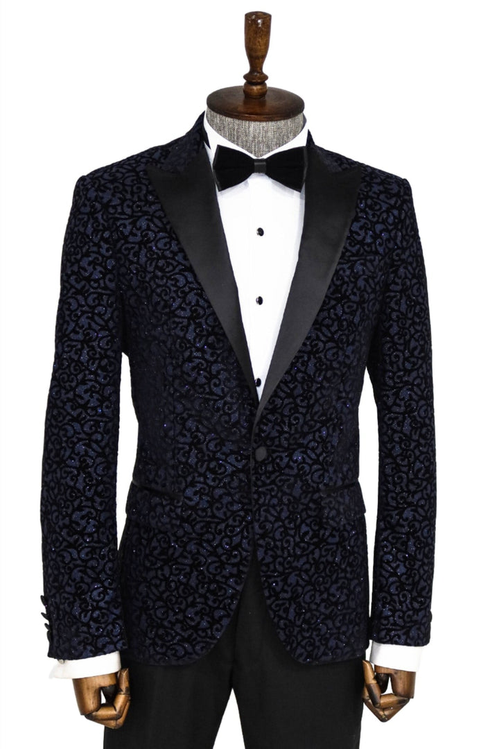 WSS Scroll Patterned Navy Blue Men Prom Blazer  - Singen