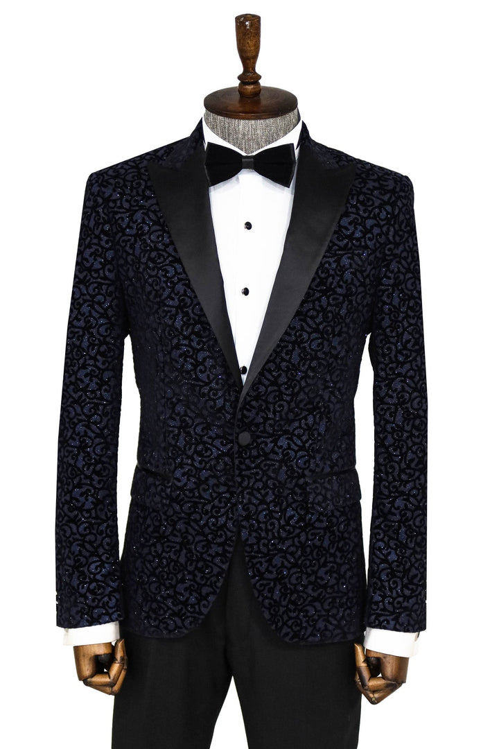 WSS Scroll Patterned Navy Blue Men Prom Blazer  - Singen