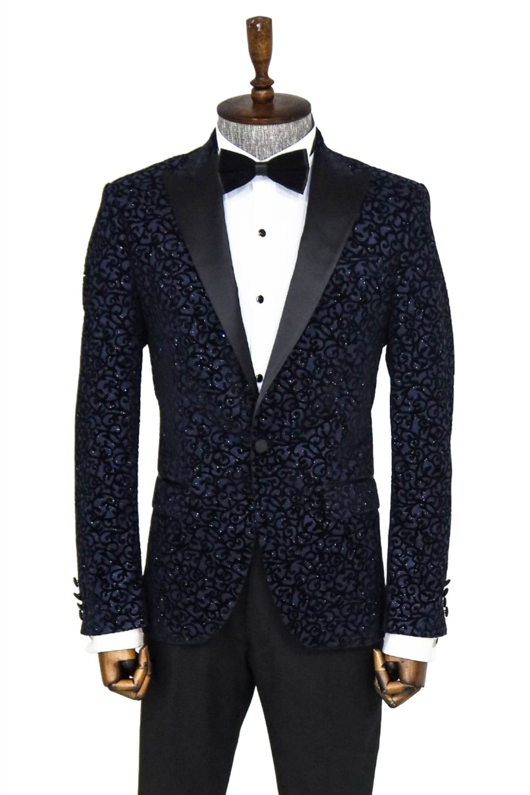 WSS Scroll Patterned Navy Blue Men Prom Blazer  - Singen