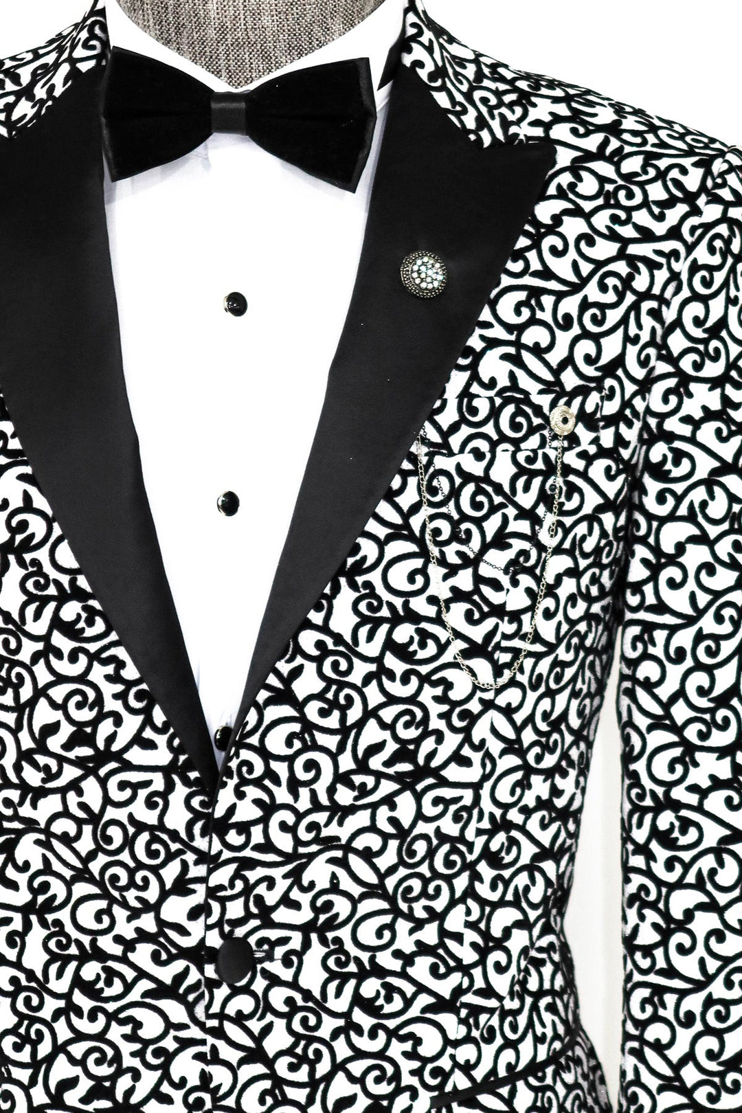 WSS Scroll Patterned White Men Prom Blazer  - Singen