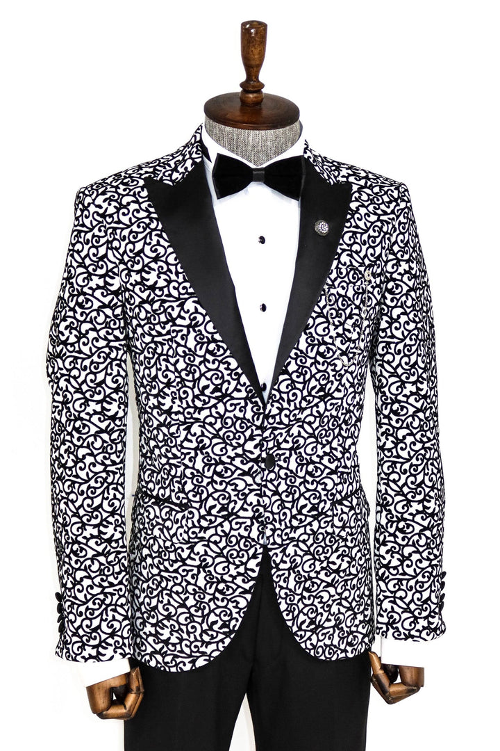 WSS Scroll Patterned White Men Prom Blazer  - Singen