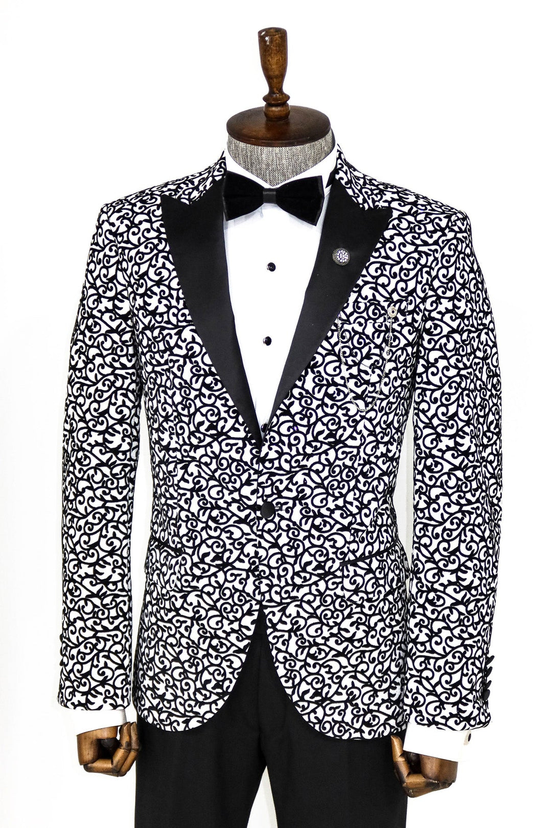 WSS Scroll Patterned White Men Prom Blazer  - Singen