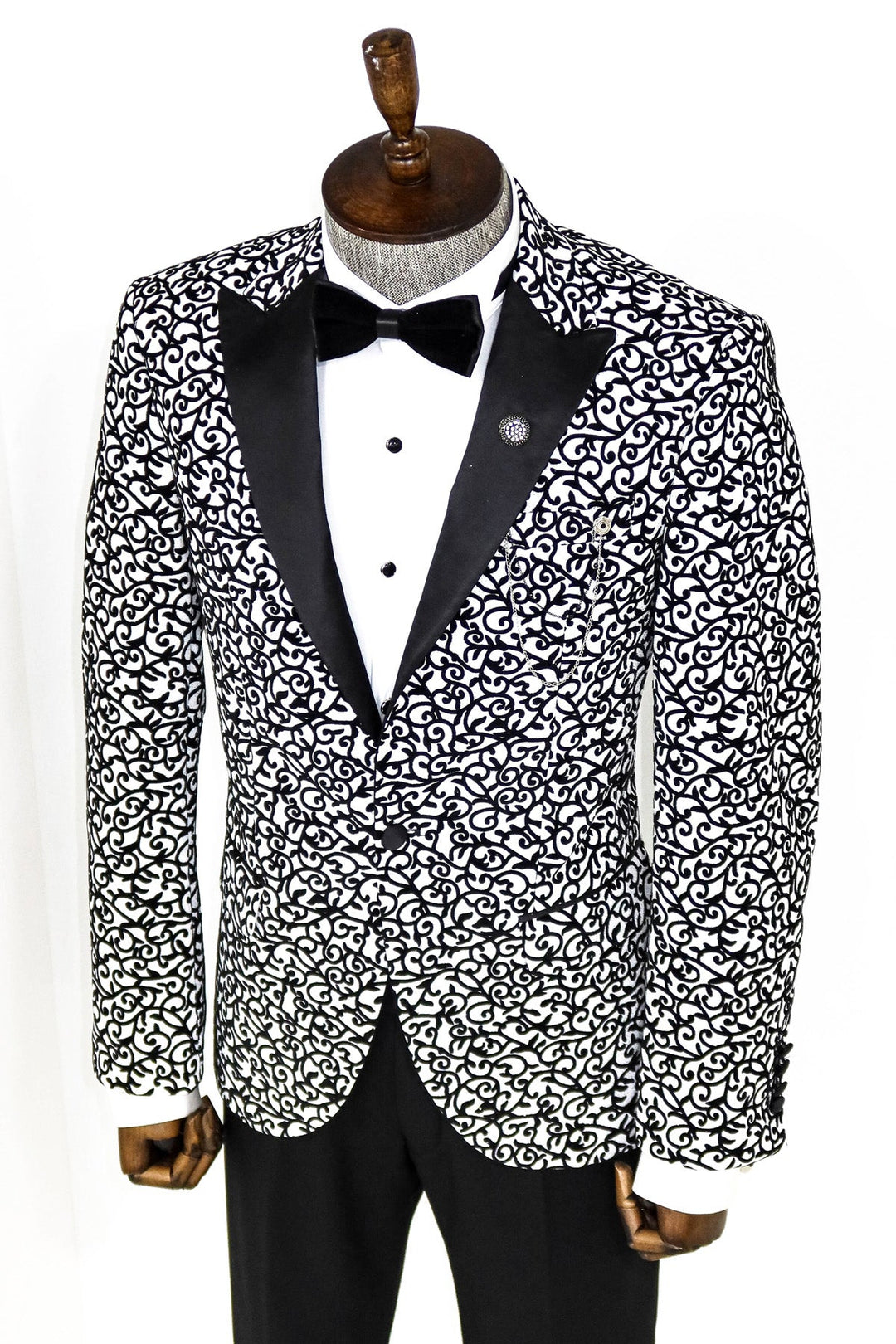 WSS Scroll Patterned White Men Prom Blazer  - Singen