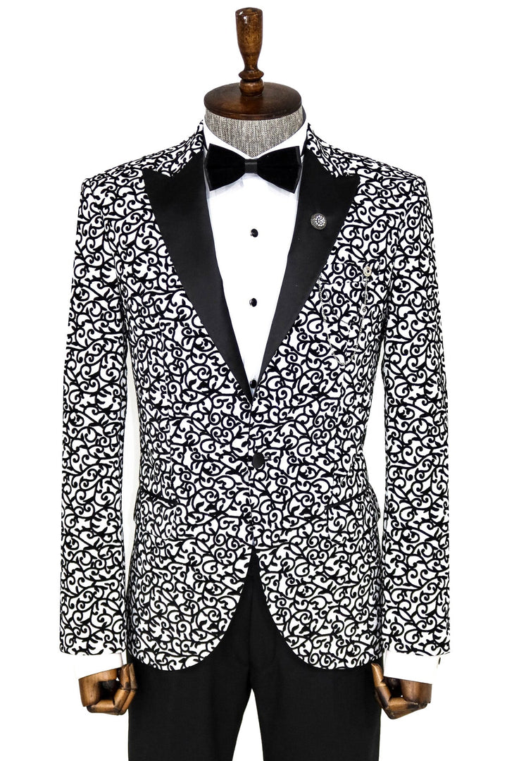 WSS Scroll Patterned White Men Prom Blazer  - Singen