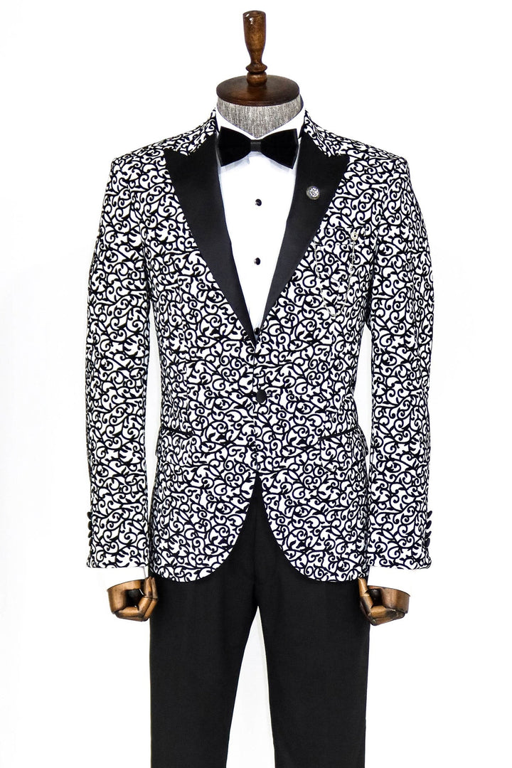 WSS Scroll Patterned White Men Prom Blazer  - Singen