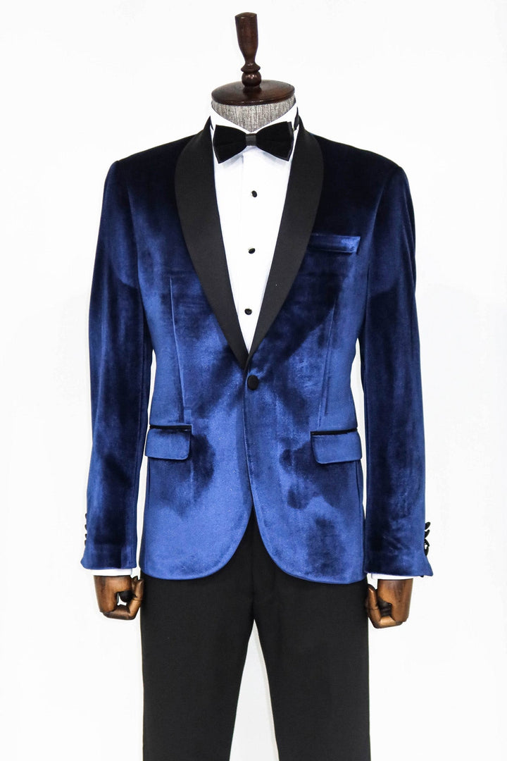 WSS Shawl Lapel Velvet Navy Blue Men Prom Blazer  - Singen