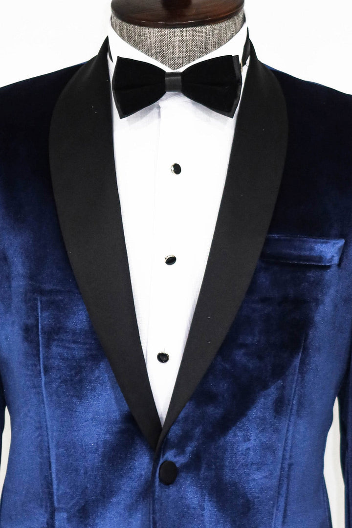 WSS Shawl Lapel Velvet Navy Blue Men Prom Blazer  - Singen