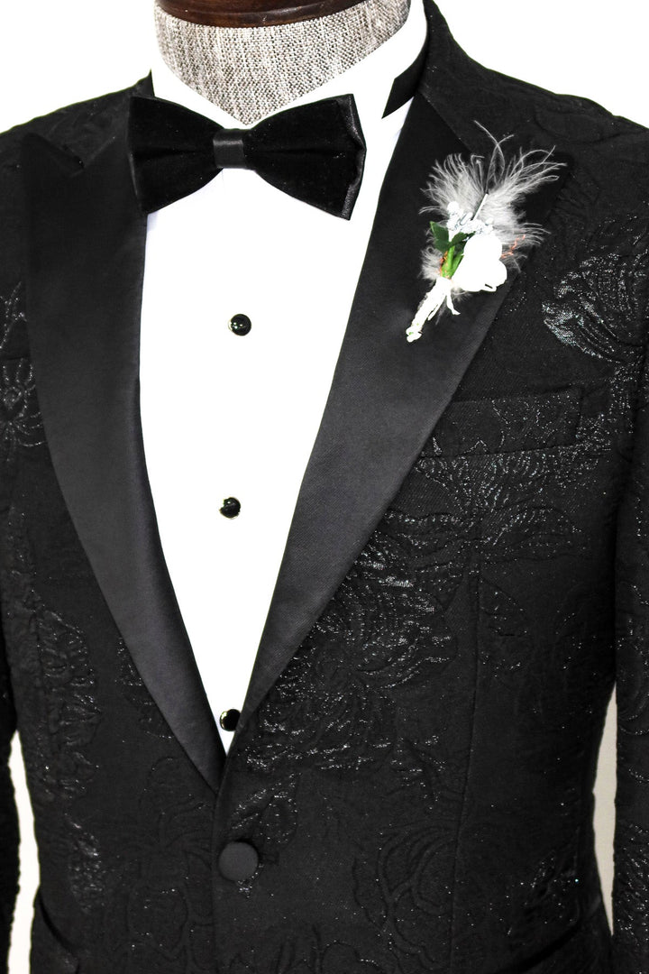 WSS Floral Patterned Peak Lapel Black Tuxedo Blazer  - Singen